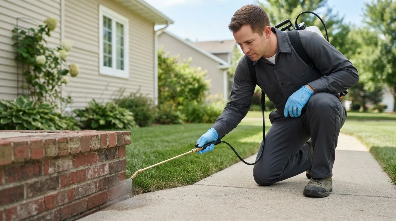 Pest control technician treating a home near San Sebastian, PR